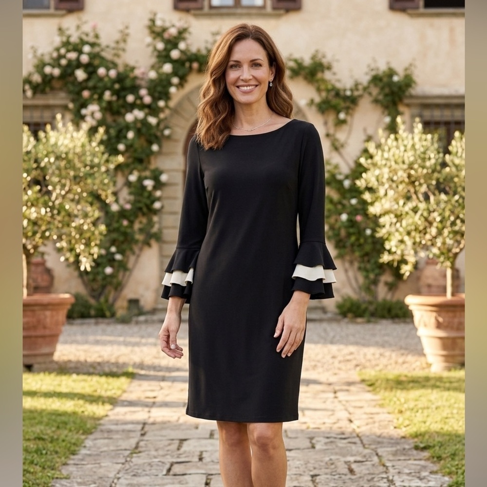 Gabby Skye|  Black Stretch Knit Sheath Dress with Ruffle Cuff Accents | Sz 12